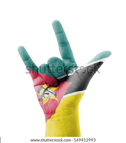 Hand making I love you sign, Mozambique flag painted, multi purpose concept - isolated on white background