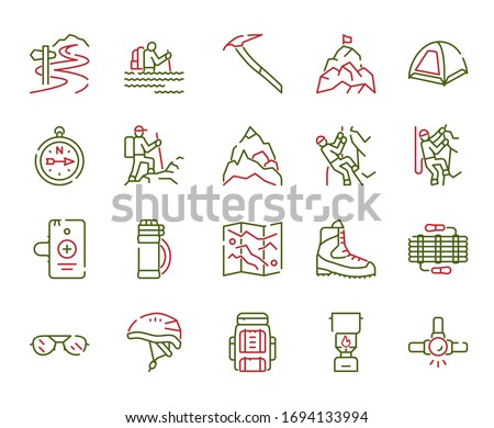 Vector color linear icon set of rock climbing. Outline symbol collection of alpinism, mountaineering, equipment, hiking, tourism, outdoor hobby concept. Modern thin line flat elements for website, app