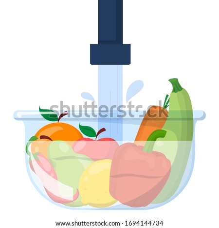 Vegetables and fruits in a bowl under the water vector isolated. Wash raw food before cooking. Rules of hygiene and health. Royalty-Free Stock Photo #1694144734