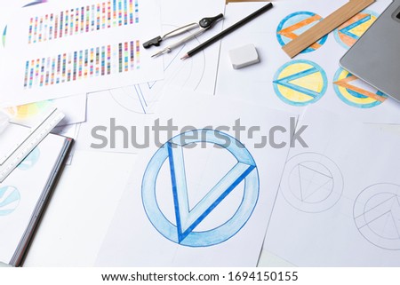 Desktop designer brand logo. Sketch drawings.