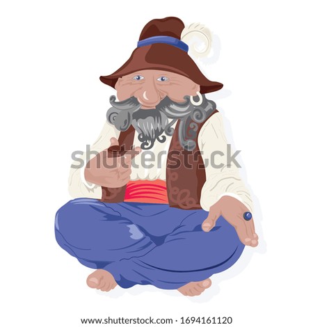 Traditional old man character with hat and gray beard smoking a pipe. Vector