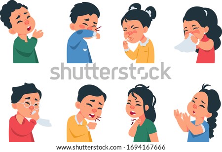 Sneezing kids. Cartoon boys and girls characters coughing and catching flu, coronavirus disease symptoms and prevention concept. Vector kids with virus infection sneezes, cough, headache Royalty-Free Stock Photo #1694167666