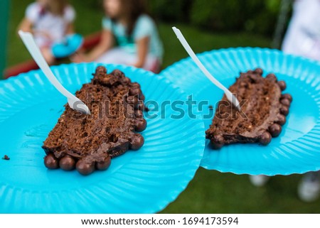 Two pieces of chocolate cake in blue paper plates. Kids birthday in yard. Waiter serves desserts, subjective view.  