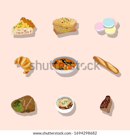 Isolated flat style French foods set : on sakura pink pastel background clip art, cartoon