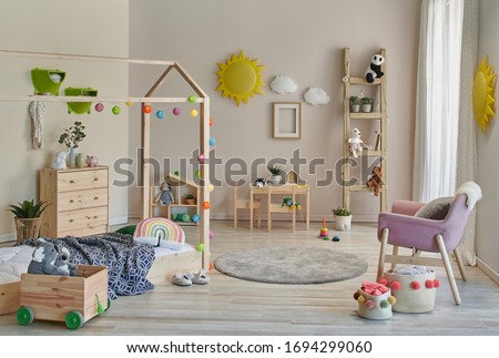Decorative young room style with wooden object and toy style.