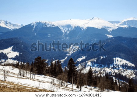 Mountain View of the highest village Bystrets at spring season, Ukraine, travel concept