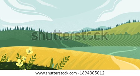 Countryside Summer rural landscape with field, trees, grass and a flowers. Ecologically clean area with blue sky and clouds. Village in the summer sunny day. Green landscape with yellow fields. Royalty-Free Stock Photo #1694305012