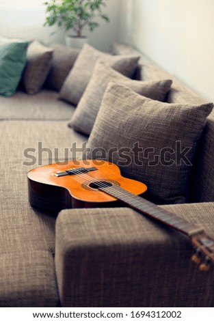 Guitar on sofa interior detail
