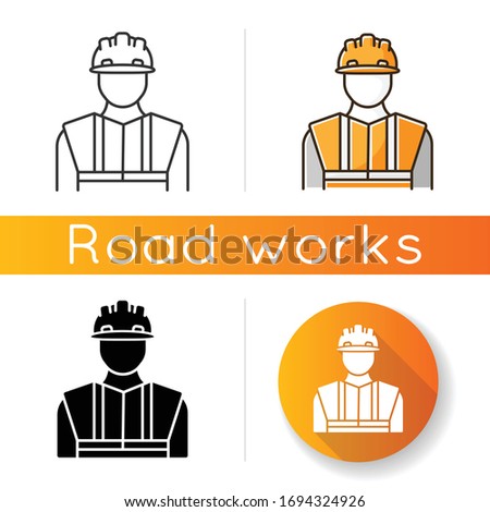 Worker in uniform icon. Construction builder in hardhat. Safety helmet on male repairman. Professional foreman and engineer. Linear black and RGB color styles. Isolated vector illustrations