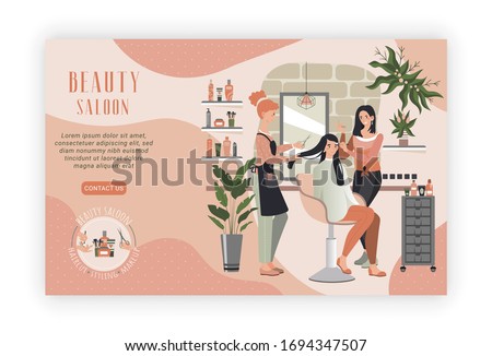 Woman in beauty salon, professional hairdresser and makeup artist people, vector illustration. Beautiful girl haircut styling, cosmetic salon customer. Happy cartoon characters in luxury beauty center Royalty-Free Stock Photo #1694347507