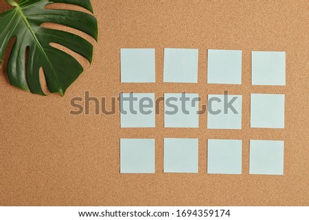 Flat layout of several rows of white blank notepapers on beige background with part of large green leaf of domestic plant on upper left