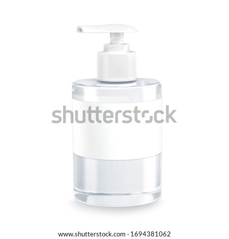 White cosmetic bottles isolated on white background. Hand sanitizer bottle. Antimicrobial liquid gel. Hand hygiene. Shampoo bottle. 3D rendering Royalty-Free Stock Photo #1694381062