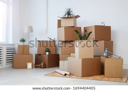 Minimal background image of cardboard boxes stacked in empty room with plants and personal belongings inside, moving or relocation concept, copy space