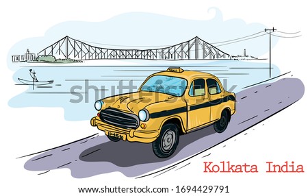 Howrah Bridge of Kolkata, City in West Bengal. kolkata taxi vector illustration Royalty-Free Stock Photo #1694429791