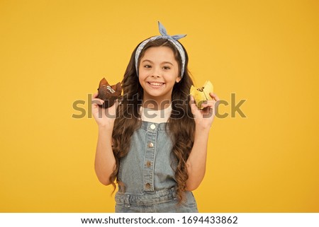 Bakery and confectionery concept. Sweet tooth concept. Cafe restaurant food. funny retro girl muffin yellow background. happy child love desserts. Yummy cupcakes. happy birthday cake. candy shop.