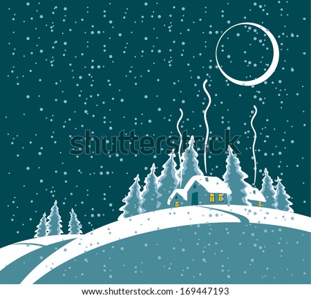 winter night landscape with a village in the forest and the moon