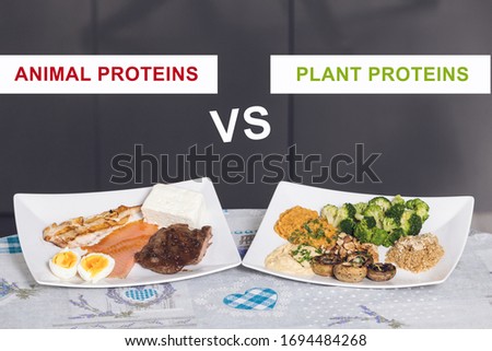 animal versus plant proteins: one plate with beef, eggs, salmon, cheese and chicken grill and another with nuts, mushrooms, broccoli, lentil, hummus and quinoa Royalty-Free Stock Photo #1694484268