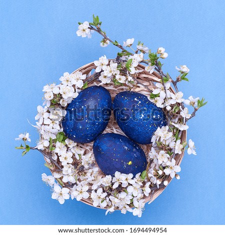 Blue easter eggs in a basket with flowers on a blue background. Square photograph. Flatley. Top view. The object in the center of the photo.