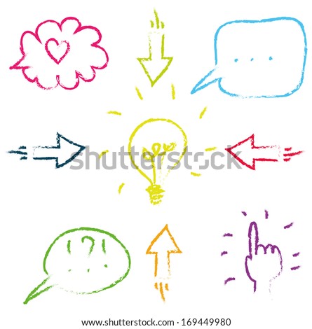 vector set of icons, outline of speech bubbles, arrows, hand for infographics or presentations hand-drawn in white chalk on blue