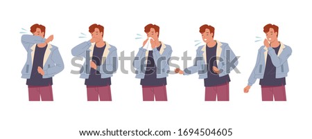 Male character sneezing and coughing right and wrong. Man coughing in arm, elbow, tissue. Prevention against virus and infection. Vector illustration in a flat style Royalty-Free Stock Photo #1694504605