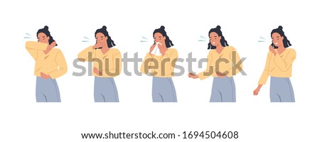 Female character sneezing and coughing right and wrong. Woman coughing in arm, elbow, tissue. Prevention against virus and infection. Vector illustration in a flat style Royalty-Free Stock Photo #1694504608