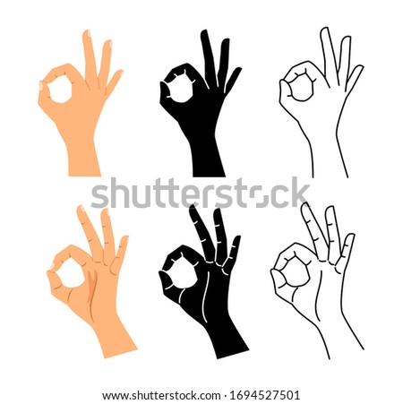 Hand gesture. Ok hand sign illustration. Isolated Okay, agree or perfect black line symbol vector set Royalty-Free Stock Photo #1694527501