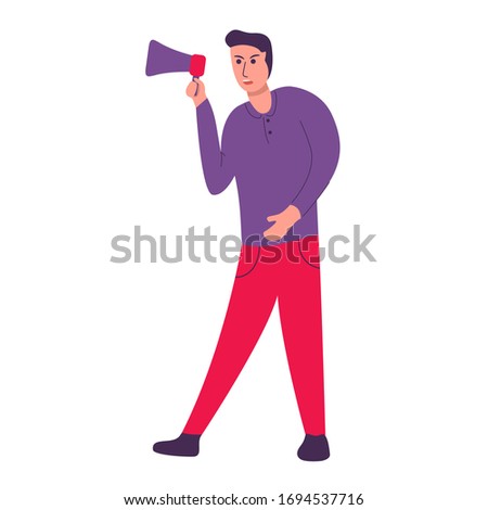 A young guy with a loudspeaker in his hand. Cartoon character vector flat.Man holding a megaphone.Young man standing isolated in white background. Important message, announcement, meeting.