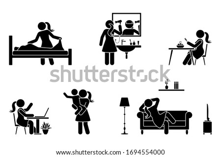 Stick figure woman everyday life time activities vector icon set. Making bed, drying hair, eating, sitting at desk, working, studying, playing with child, resting, relaxing on sofa pictogram Royalty-Free Stock Photo #1694554000