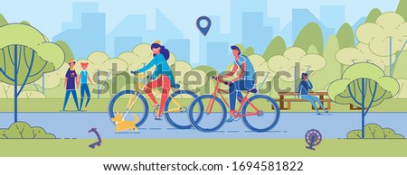 Young Man and Woman Couple Ride Bicycle on Park Road. Girl Cycling with Dog on Leash. Summer Day Activity Outdoors, Sport Training, Healthy Lifestyle. People Walk in Park Vector Illustration