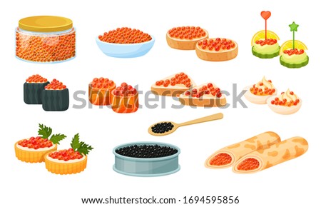 Caviar red and black, vector flat illustration isolated on white. Delicious caviare snack and canape, pancakes, roll and sandwich with roes, canned caviar. Seafood product of red fish and sturgeon.