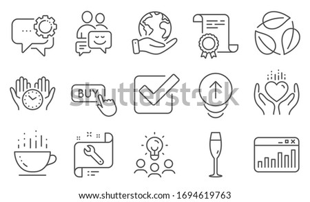 Set of Business icons, such as Coffee cup, Checkbox. Diploma, ideas, save planet. Marketing statistics, Buy button, Employees messenger. Spanner, Safe time, Leaves. Vector