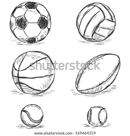 vector sketch illustration - sport balls: football, volleyball, basketball, rugby, tennis, baseball