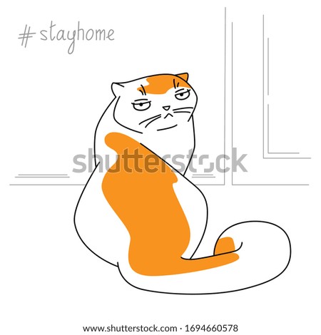 A white cat with red spots sits with its back, turning to us. The inscription stay home. White background, vector illustration.