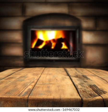 table and fireplace 