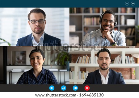 Head shot participants videoconference on-line meeting. Middle-east indian african european partners negotiating use videocall. Corporate staff solve issues remotely easy virtual communication concept Royalty-Free Stock Photo #1694685130