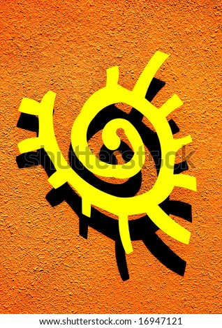 Yellow native American sun symbol against a copper colored background