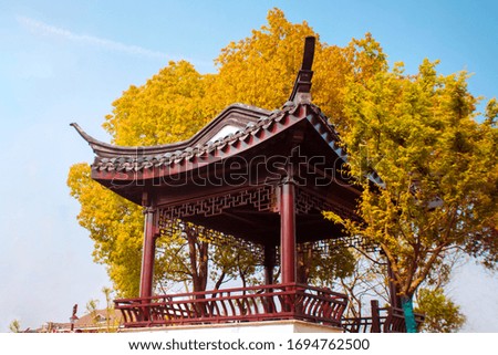 The red color Chinese gazebo which is located among the yellow and green trees and a blue sky on the background in a sunny day 