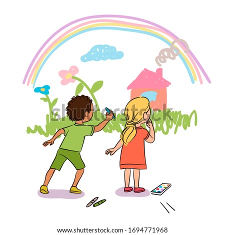 Cute little boy and girl painting wall with chalk. Kids drawing grass, flower, house and rainbow. Playground, kindergarten, street recreation. Creative hobby and education for children. Vector