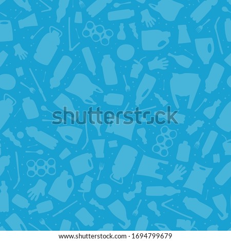 Plastic waste, ocean pollution seamless pattern vector illustration. Eco problem water pollution trash contour symbol seamless background. Earth day wallpaper with single use plastic garbage icons Royalty-Free Stock Photo #1694799679