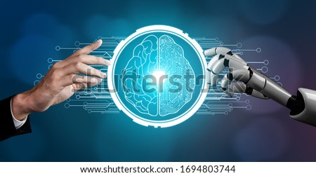 3D Rendering futuristic robot technology development, artificial intelligence AI, and machine learning concept. Global robotic bionic science research for future of human life. Royalty-Free Stock Photo #1694803744