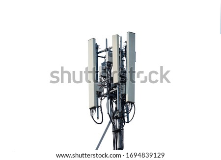 Telecommunication tower of 4G and 5G cellular. Macro Base Station or Base Transceiver Station. Wireless Communication Antenna Transmitter. isolated on white background. Royalty-Free Stock Photo #1694839129