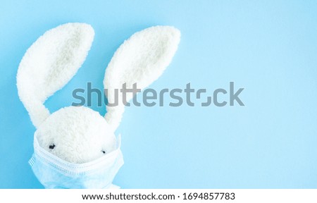 Easter quarantine concept, flat lay white bunny rabbit with face  protective mask on blue background. Copy space, top view. 