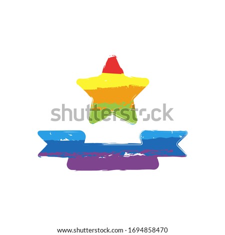 Star with ribbon, best quality. Drawing sign with LGBT style, seven colors of rainbow (red, orange, yellow, green, blue, indigo, violet