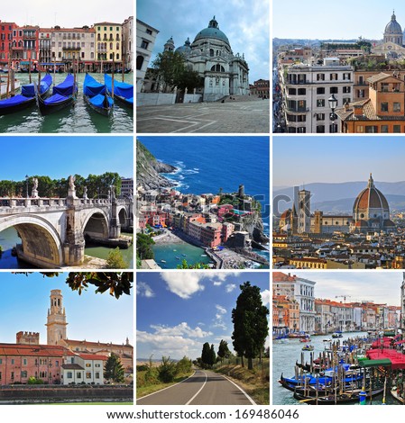 Italian Splendors Explored: A Travel Collage Showcasing Skylines of Iconic Cities and Picturesque Landscapes from Venice, Florence, Rome, Liguria, and Tuscany Regions