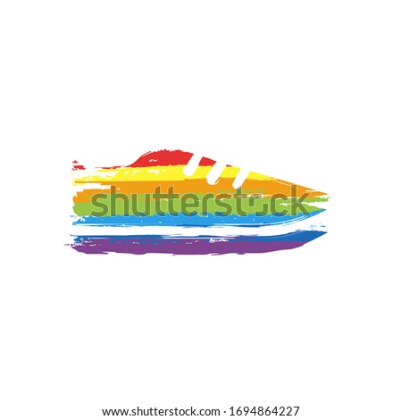 Shoe or sneaker, icon of sport. Drawing sign with LGBT style, seven colors of rainbow (red, orange, yellow, green, blue, indigo, violet