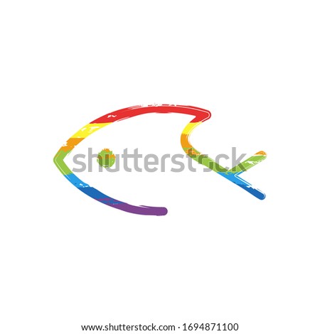 Fish logo, one line icon, linear symbol. Drawing sign with LGBT style, seven colors of rainbow (red, orange, yellow, green, blue, indigo, violet