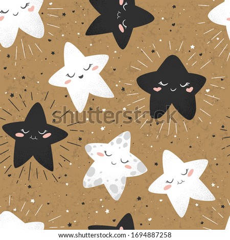 Seamless vector pattern with cute hand drawn cartoon stars on brown background. Design for print, fabric, wallpaper, card