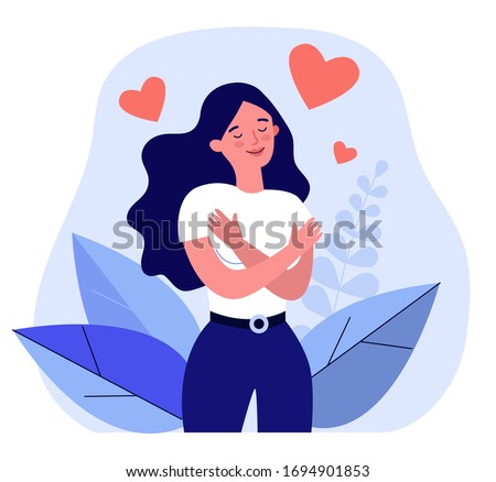 Happy woman hugging herself. Positive lady expressing self love and care. Vector illustration for love yourself, body positive, confidence concept Royalty-Free Stock Photo #1694901853