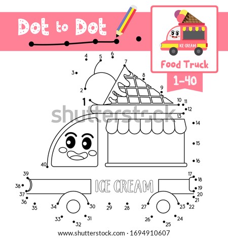 Dot to dot educational game Coloring book of Food Truck cartoon transportations for preschool kids activity about learning counting number 1-40 and handwriting practice worksheet. Vector Illustration.