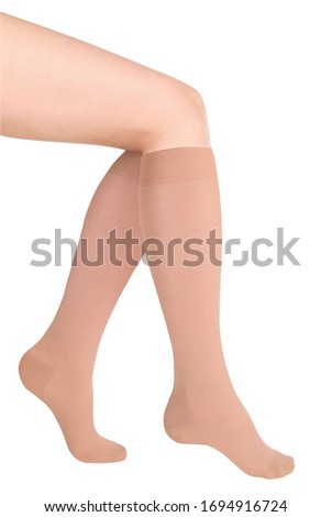 Closed toe calves. Compression Hosiery. Medical stockings, tights, socks, calves and sleeves for varicose veins and venouse therapy. Clinical knits. Sock for sports isolated on white background Royalty-Free Stock Photo #1694916724